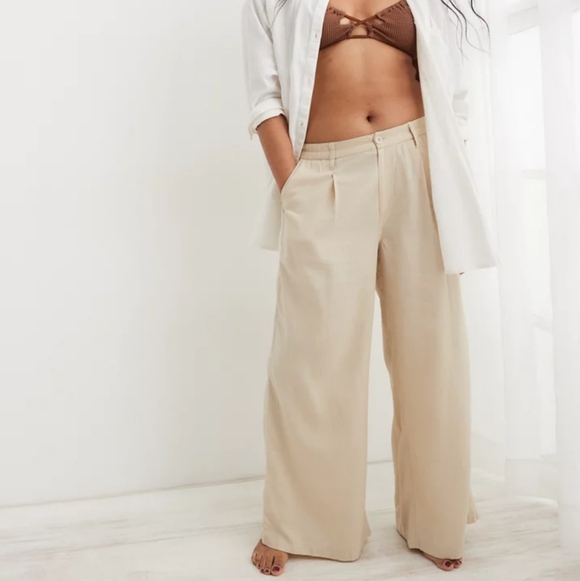 Aerie Pleated High Waisted Wide Straight Leg Soft Twill Pants Beige L - Picture 16 of 16